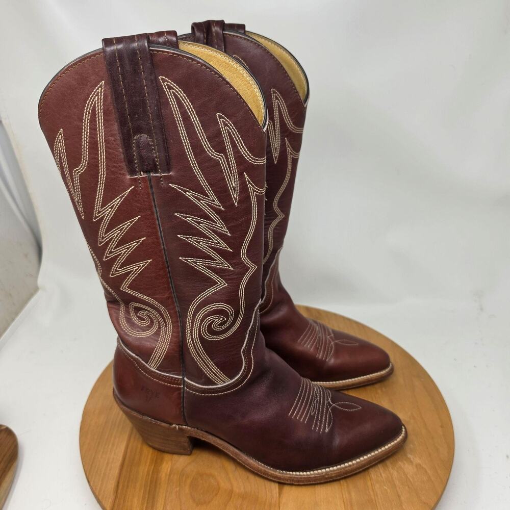 Vintage Frye Boots Womens 7 Cowboy Western Leather Brown Mid Calf Made In USA
